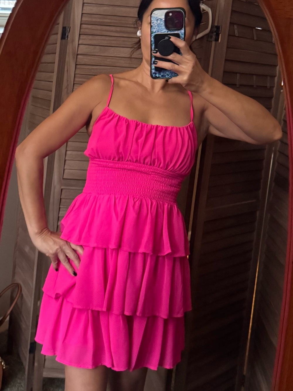 Hot Pink Tiered Smocked Mini Dress with Spaghetti Straps